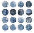 Set of blue vintage watercolor circles. Watercolor blots, blue, gray streaks. Social media icons. highlight