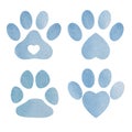 Set of blue watercolor animal footprints in heart shape. Watercolor pets footprint. Paw footprint illustration Royalty Free Stock Photo