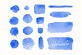 Set of blue watercolor blobs and spots