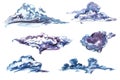 Set of blue watercolor clouds on the white background. Template for weather illustrations. Watercolor abstract modern