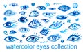 Set of blue watercolor eyes. Aquarelle clip art for creating amulets from evil eye.