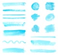 Set of Blue Watercolor Paint Strokes and Splashes. Isolated on White