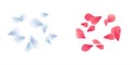 Set Blue White and Pink Red flying petals isolated on white background. Sakura Roses petals. Vector