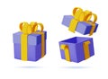 Set of Blue wrapped gift box open holiday pack with golden bow ribbon 3d icon realistic vector illustration. Present 3D Royalty Free Stock Photo