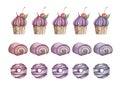 Set of Blueberry desserts. Cupcake, Roll cake and Donut. Royalty Free Stock Photo