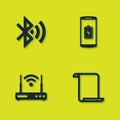 Set Bluetooth connected, Paper scroll, Router and wi-fi and Smartphone battery charge icon. Vector