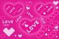 A set of blurry large and small hearts on a pink background, with decorative patterns and text Love.