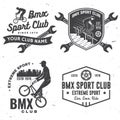 Set of bmx extreme sport club badge. Vector. Concept for shirt, logo, print, stamp, tee with man ride on a sport bicycle Royalty Free Stock Photo