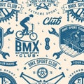 Set of bmx extreme sport club seamless pattern, background. Vector. Seamless pattern design with bmx cyclist, bmx