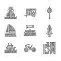 Set Boat with oars, Bicycle, Broken road, Rocket ship fire, Cruise, Yacht sailboat, Speed limit traffic and Cargo icon