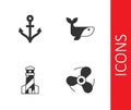 Set Boat propeller, Anchor, Lighthouse and Whale icon. Vector Royalty Free Stock Photo