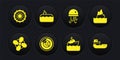 Set Boat propeller, Iceberg, Radar with targets, Cruise ship, Jellyfish, Submarine, Cargo and Ship steering wheel icon