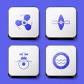 Set Boat propeller, Kayak and paddle, Submarine and Ship porthole icon. White square button. Vector