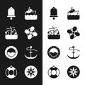 Set Boat propeller, Sinking cruise ship, Ship bell, Cruise, porthole, Anchor, Wind rose and Lifebuoy icon. Vector