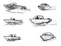 Set of Boats rides on waves. Small ship sails on sea, lake or river. Plastic composite boat with motor. Hand drawn Royalty Free Stock Photo