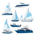 Set of boats with sails, one and double decked yachts