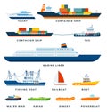 Set of Boats, Ship, Yacht, Sail flat vector illustration. Royalty Free Stock Photo