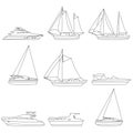 Set boats, speedboat, sailboat, vessel, yacht, icons, logo. Vector ship and motor boats, lineart editable stroke Royalty Free Stock Photo