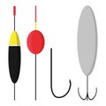 Set bobbers and hooks isolated on white background. Fishing accessories in flat style. Royalty Free Stock Photo