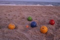 A set of bocce balls on the beach at Emerald Isle, North Carolina Royalty Free Stock Photo