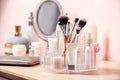 Set of body care cosmetic products on dressing table. Royalty Free Stock Photo