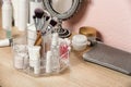 Set of body care cosmetic products on table. Space for text Royalty Free Stock Photo