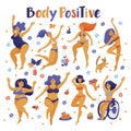 Set of body positive happy women dancing in bikini Royalty Free Stock Photo