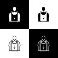 Set Bodybuilder showing his muscles icon isolated on black and white background. Fit fitness strength health hobby Royalty Free Stock Photo