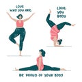 Set of Bodypositive plus size women doing yoga. Trendy flat vector illustration for prints, posters, banners. Feminism, acceptance