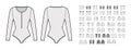 Set of bodysuits technical fashion illustration with fitted knit body, long sleeves, sleeveless, turtleneck Flat outwear