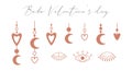 A set of boho elements with hearts, a crescent moon, open and closed eyes. Boho symbols, pendants with a heart. Decorative