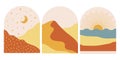 Set of boho mountains landscapes with sun and moon in the mid century arche. Terracotta and yellow vector illustration