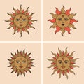 Set of boho mystic and celestial suns with faces. Vector color and line collection Royalty Free Stock Photo