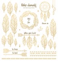 Set of boho style hand drawn elements in golden color