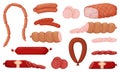 Set of boiled and smoked sausage products, frankfurter, grilled sausages, whole sausage, half, sliced, boiled pork Royalty Free Stock Photo
