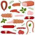 Set of boiled and smoked sausage products, frankfurter, whole sausage, half, sliced,boiled pork,string of sausages Royalty Free Stock Photo