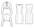 Set of bolero Suit - classic sheath dress, crop jacket technical fashion illustration with two - pieces, single breasted Royalty Free Stock Photo