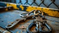 A set of bolt cutters and padlocks arranged on a workbench Criminal enterprise