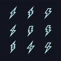 Set of the bolts of lightning. Vector neon flash icons. Thunder elements. Flat design.