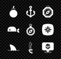 Set Bomb ready to explode, Anchor, Compass, Shark fin in ocean wave, Pirate sword, Skull, bandana for head and icon