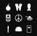 Set Bomb ready to explode, Binoculars, Aviation bomb, Military knife, helmet, Police assault shield, Chevron and Peace