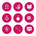 Set Bomb ready to explode, Pirate eye patch, Alcohol drink Rum, Skull, captain, Anchor, treasure map and Lifebuoy icon