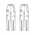 Set of Bondage pants technical fashion illustration with normal low waist, high rise, pockets, belt loops, full lengths.