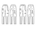 Set of Bondage pants technical fashion illustration with normal low waist, high rise, pockets, belt loops, full lengths.