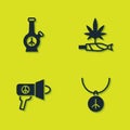 Set Bong, Necklace with peace symbol, Megaphone and Marijuana joint, spliff icon. Vector