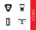 Set Bongo drum, Guitar pick, Harmonica and African percussion icon. Vector Royalty Free Stock Photo