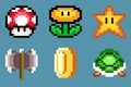 Set of bonus things from 16-bit Super Mario Bros classic video game, pixel design vector illustration. Super Mario Bros is video