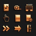 Set Book, Arrow, Measuring height and length, Audio book, Pixel hand cursor, Supermarket building and icon. Vector