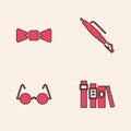 Set Book, Bow tie, Fountain pen nib and Eyeglasses icon. Vector Royalty Free Stock Photo