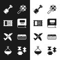 Set Book, Circus ticket, Shovel toy, Rattle baby, Toy plane, Music synthesizer, Puzzle pieces and Whirligig icon. Vector